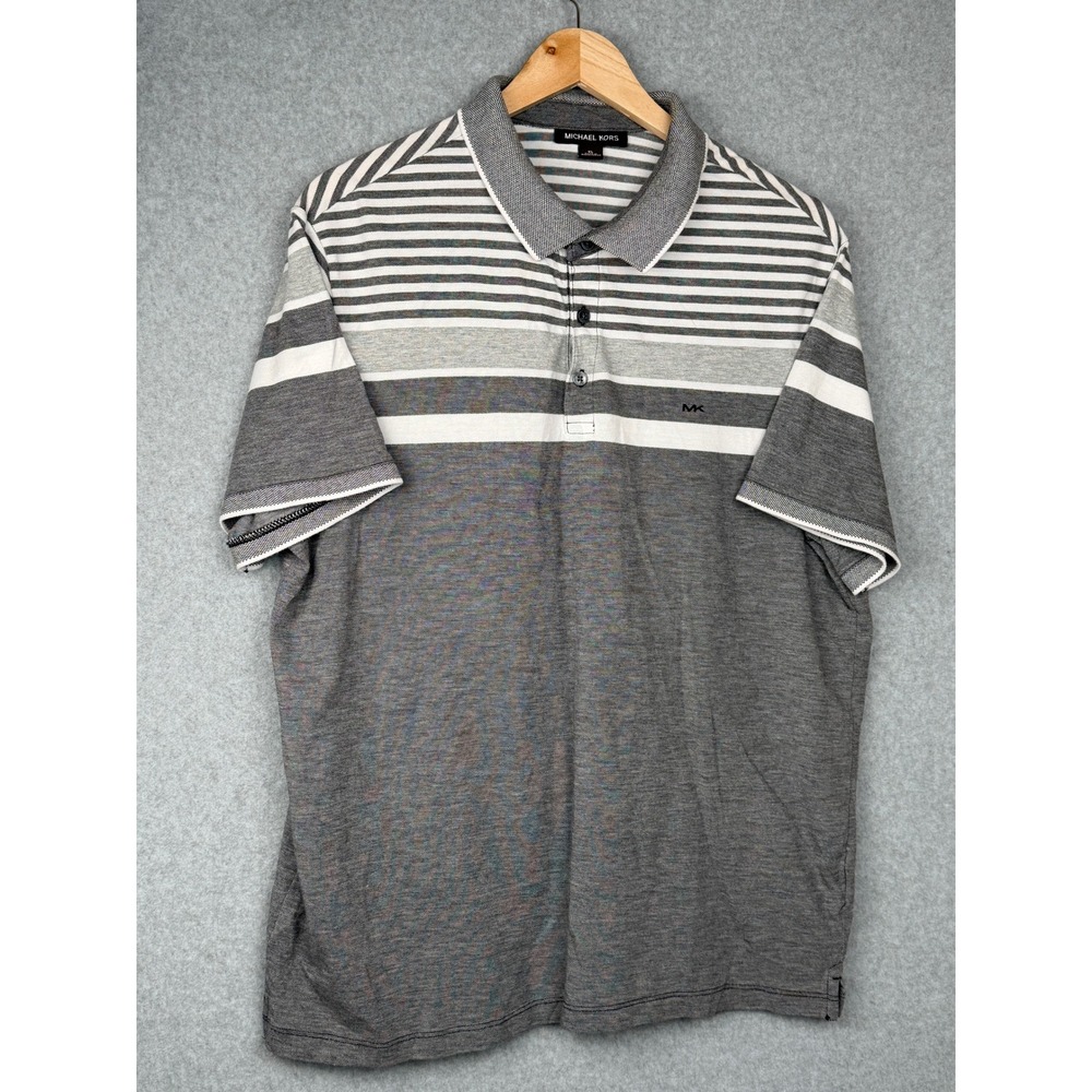 Michael Kors Mens XL Gray White Striped Short Sleeve Polo Shirt MK Logo